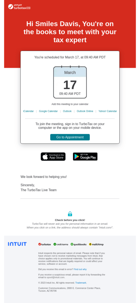 Turbotax email example