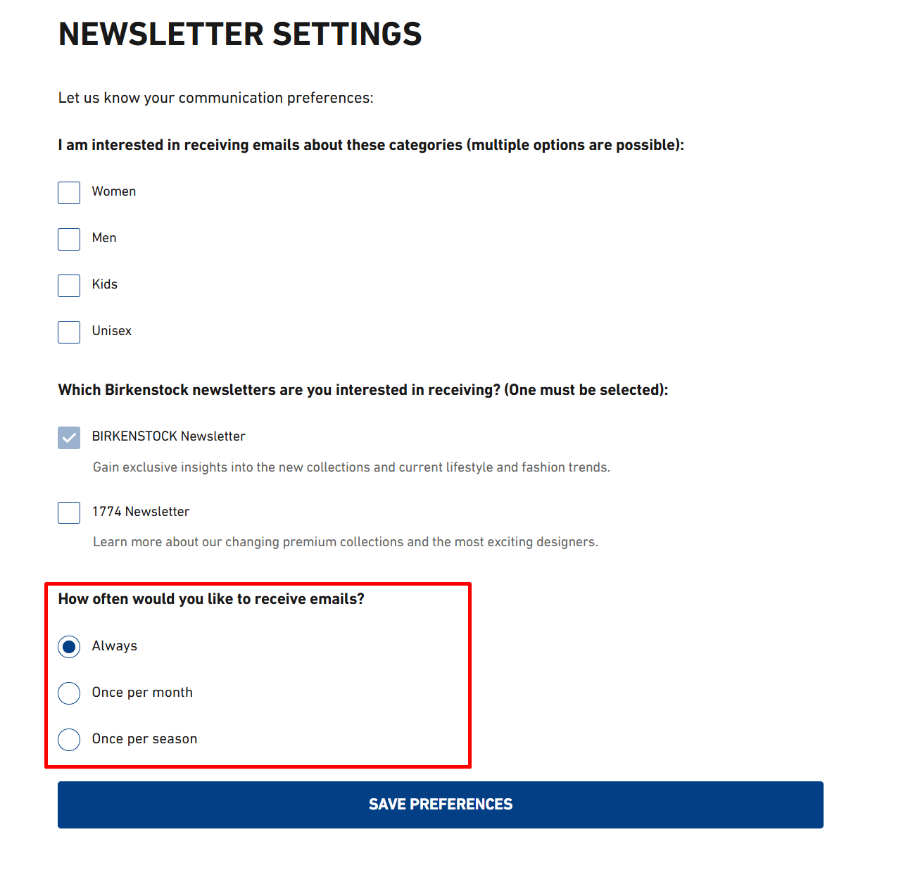 birkenstock newsletter settings