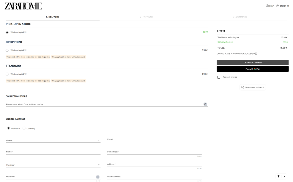 ZARA HOME checkout process