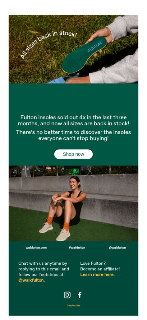 back-in-stock email example by Fulton