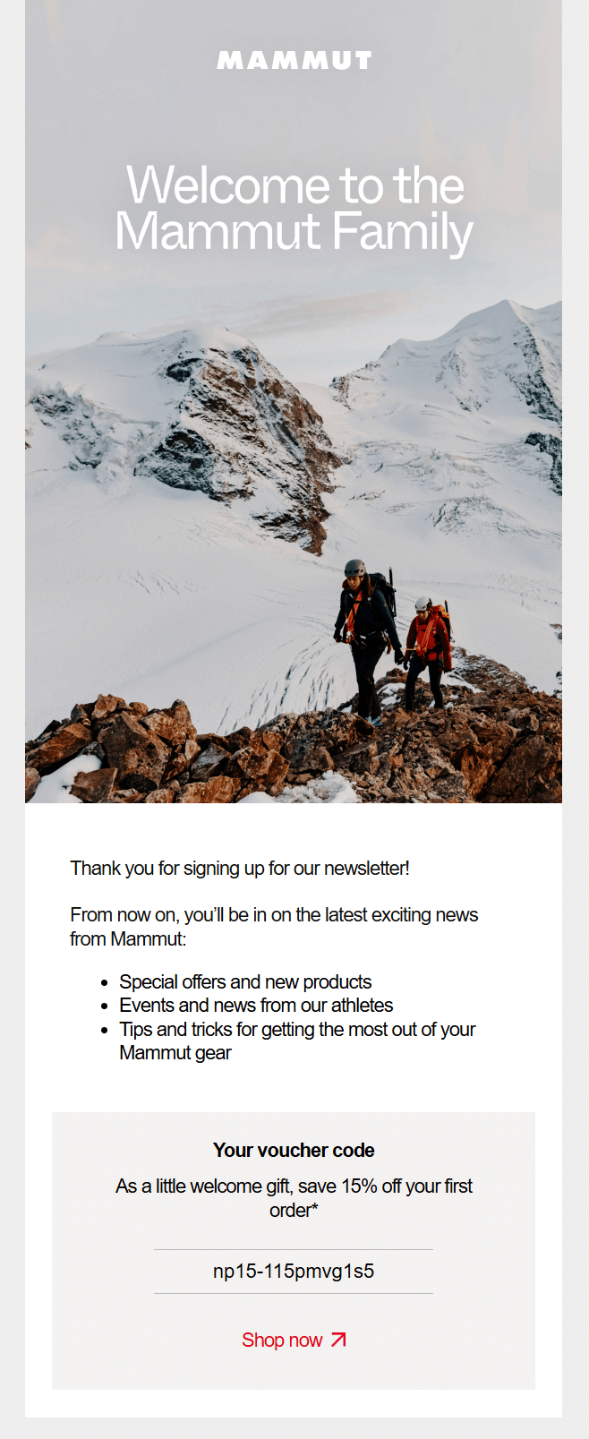 mammut welcome email example for the awareness email marketing customer journey stage