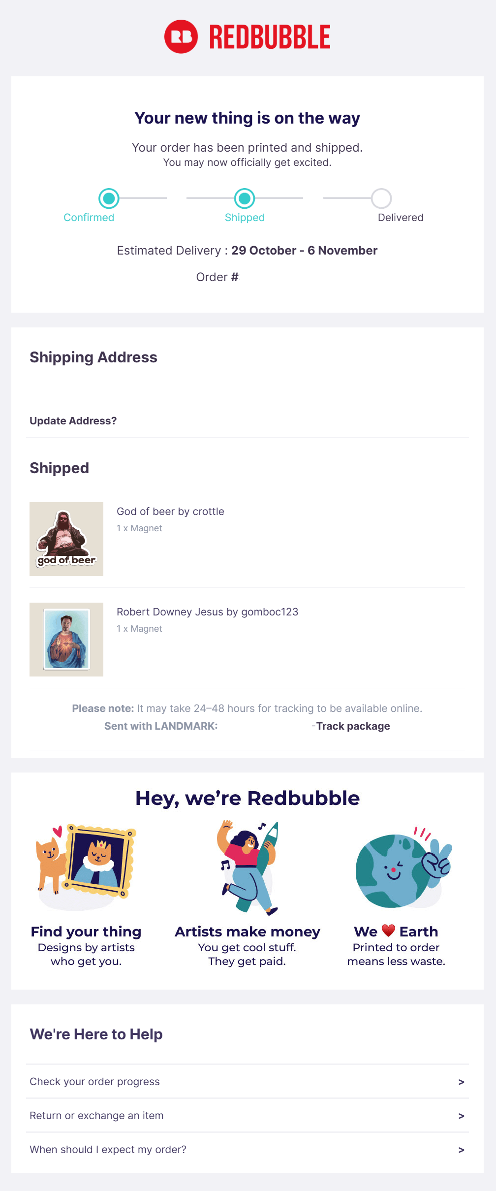 redbubble shipping update email example