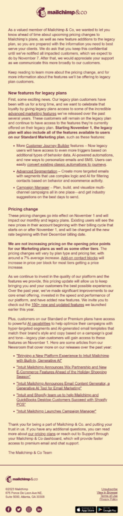 mailchimp price change email campaign