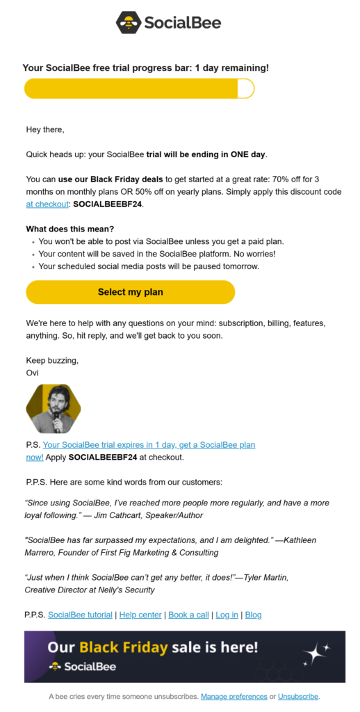 socialbee upgrade email campaign