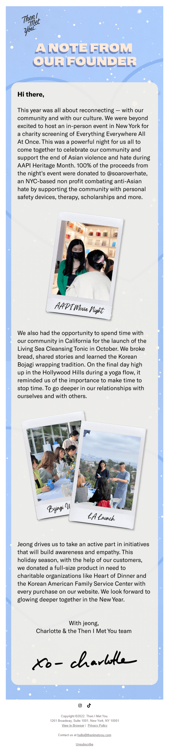 then I met you zero-click email newsletter example founder's note