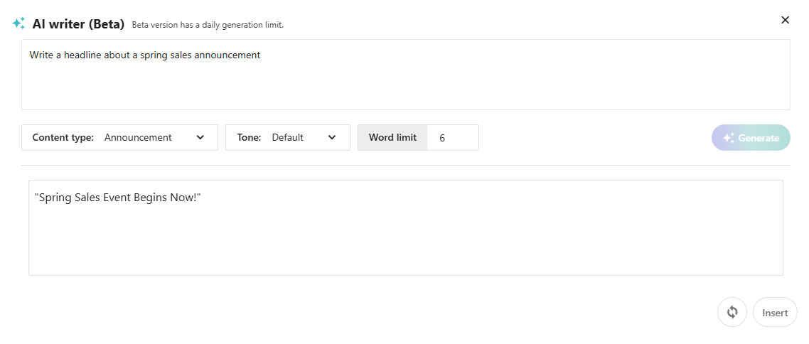 moosend feature inside the editor for AI-generated text