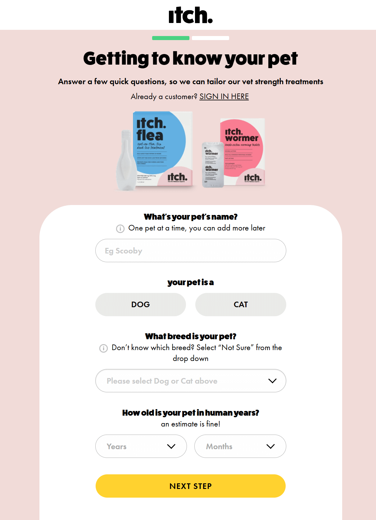 itchpet website product recommendation quiz