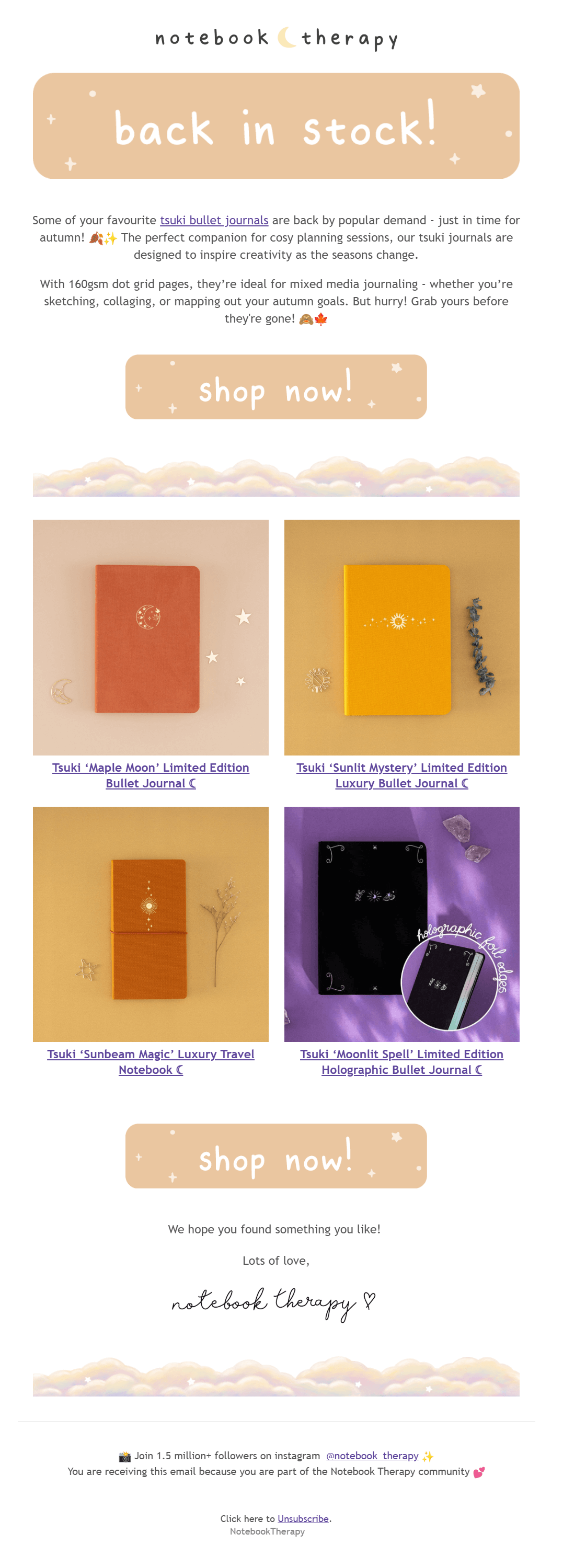 notebook therapy back in stock fall email 