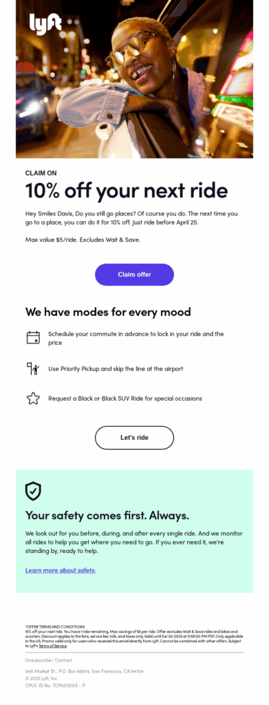 Lyft re-engagement email with discount