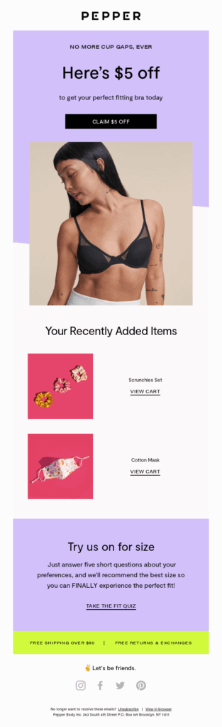 PEPPER abandoned cart email with incentive