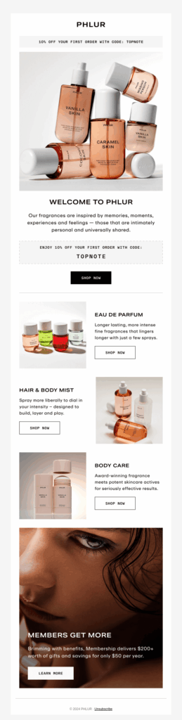 PHLUR welcome email with discount
