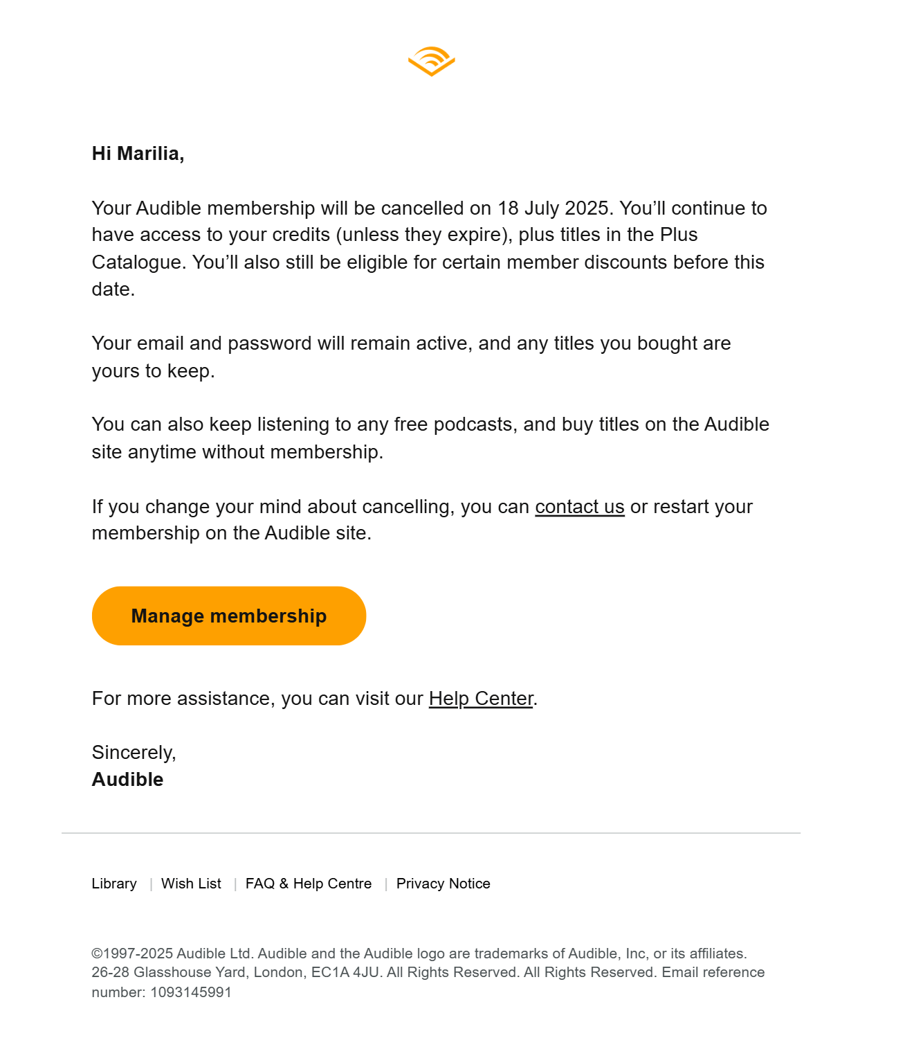audible membership cancelled email