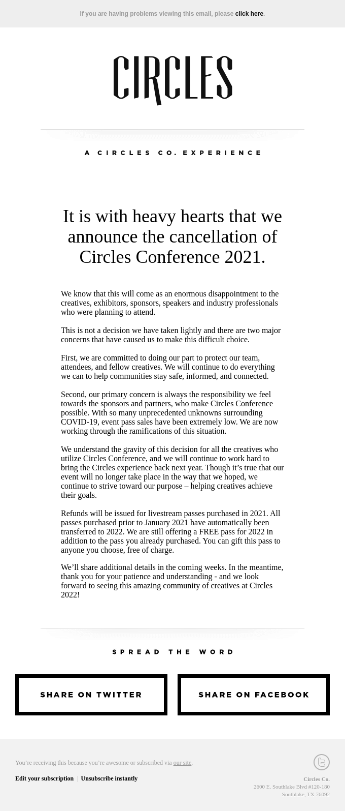 circles conference event cancellation example