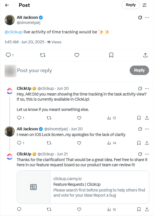 clickup social listening on X
