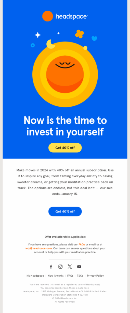 discount email example by Headspace