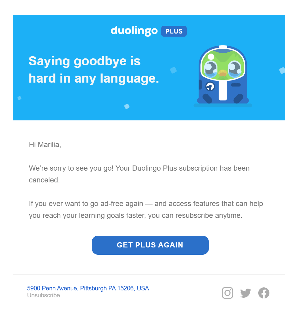 duolingo subscription cancellation message