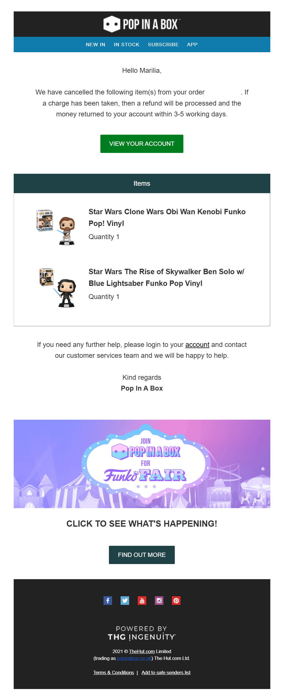 pop in a box cancellation email design