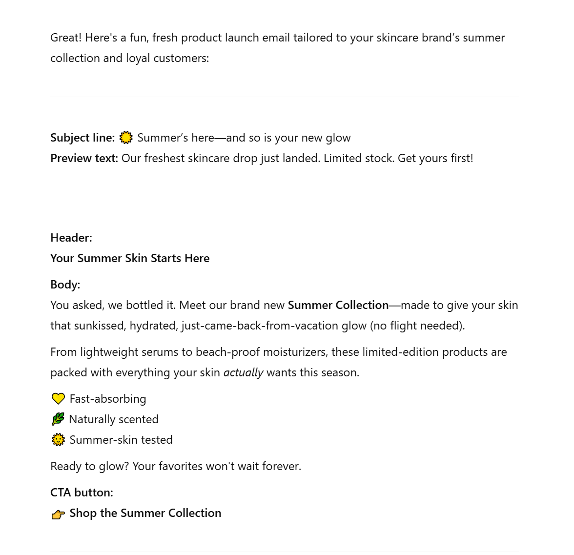 chatgpt output with context for product launch email