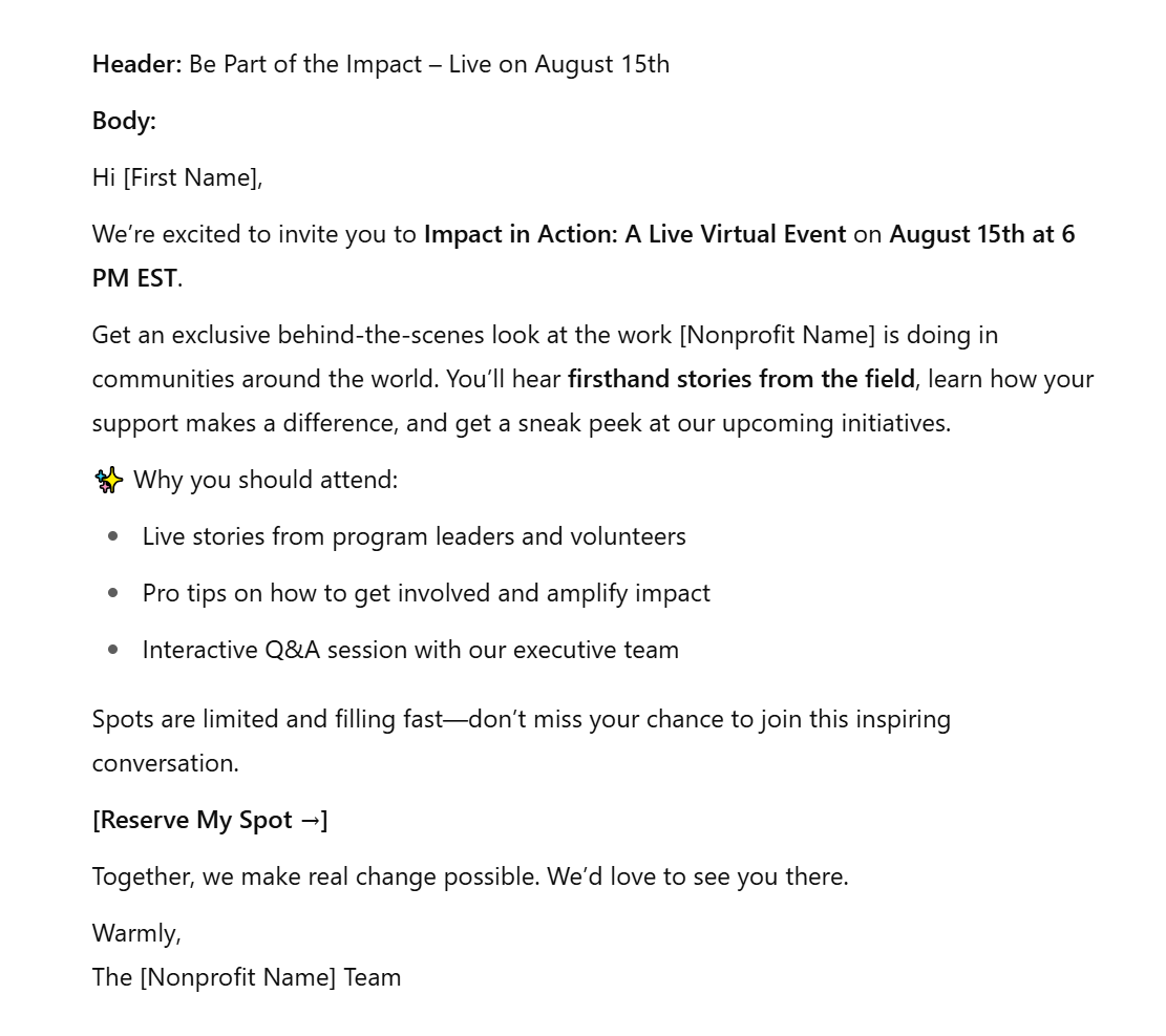 chatgpt output for event emails