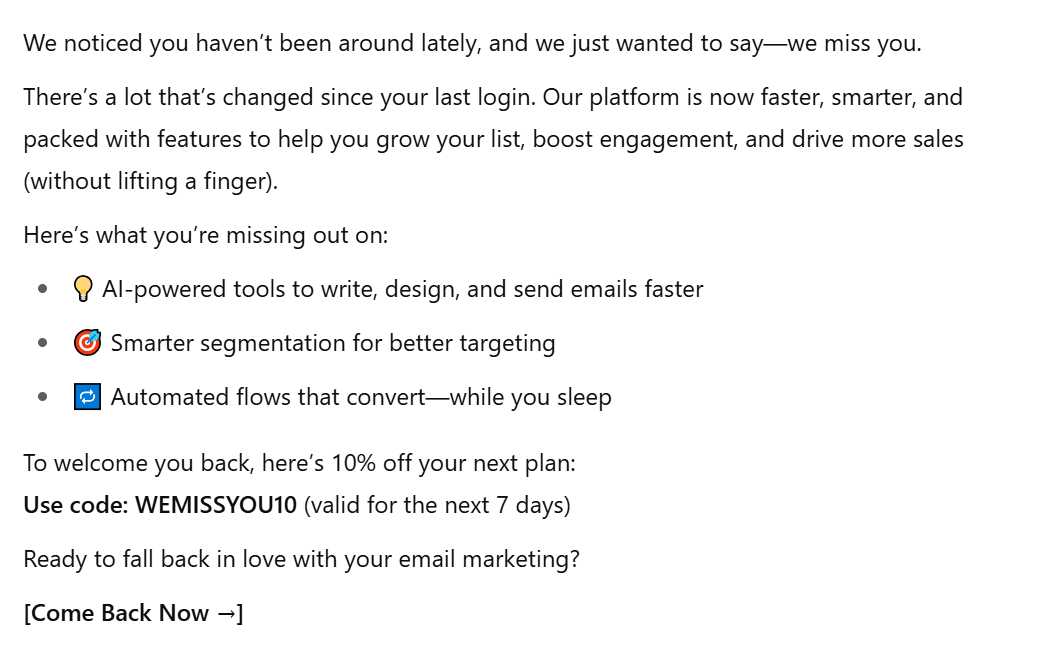 chatgpt output for winback email