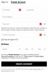 account creation form on e.l.f. cosmetics website