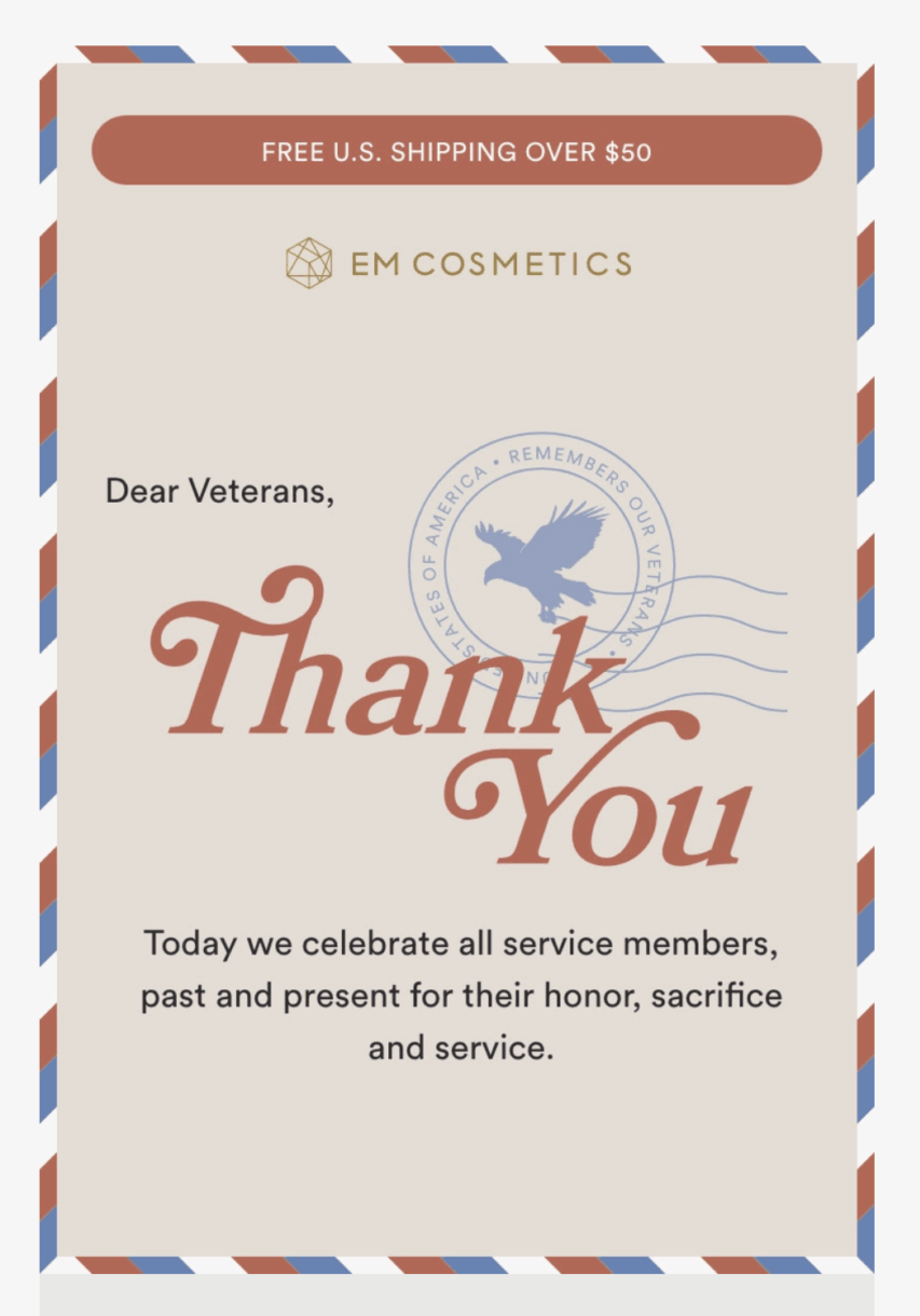 em cosmetics veterans day email example