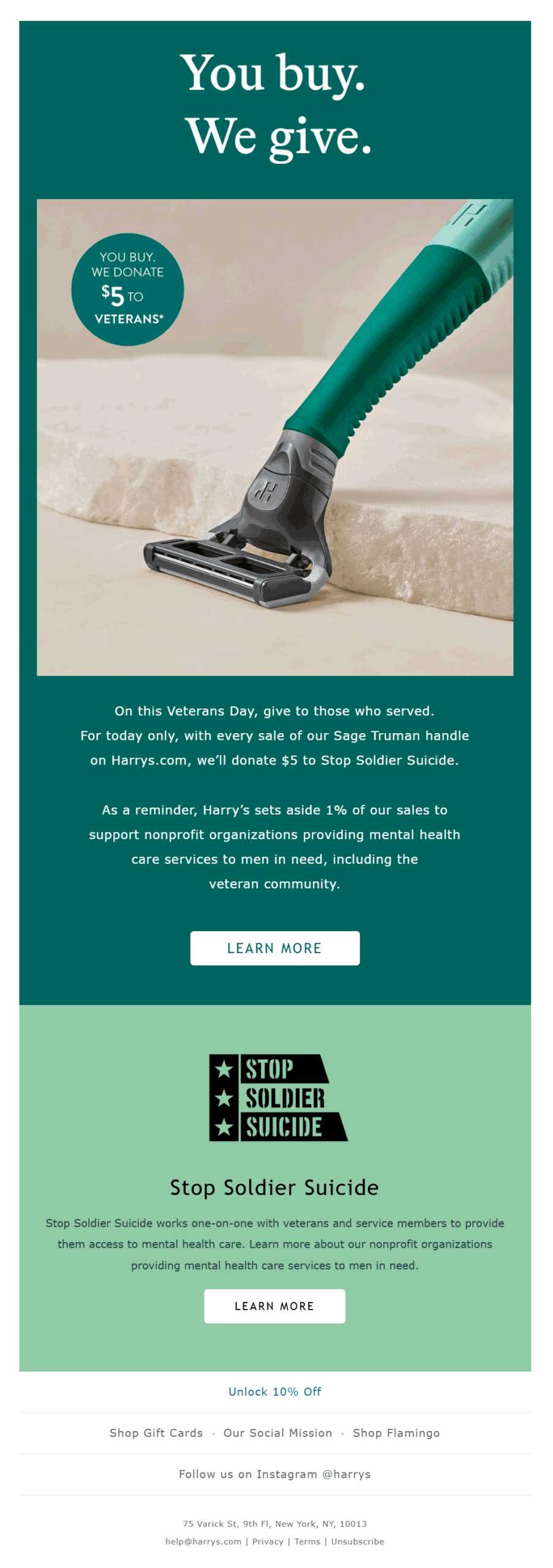 harry's give back for veterans day email example