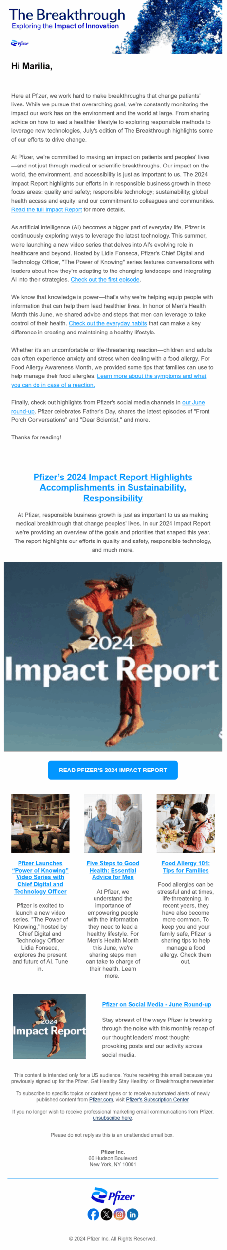 Educational email campaign by pfizer