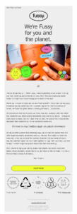 Fussy's welcome email sharing their mission