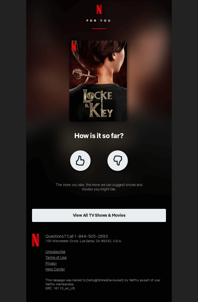 email by Netflix with rate options for Locke & Key TV show