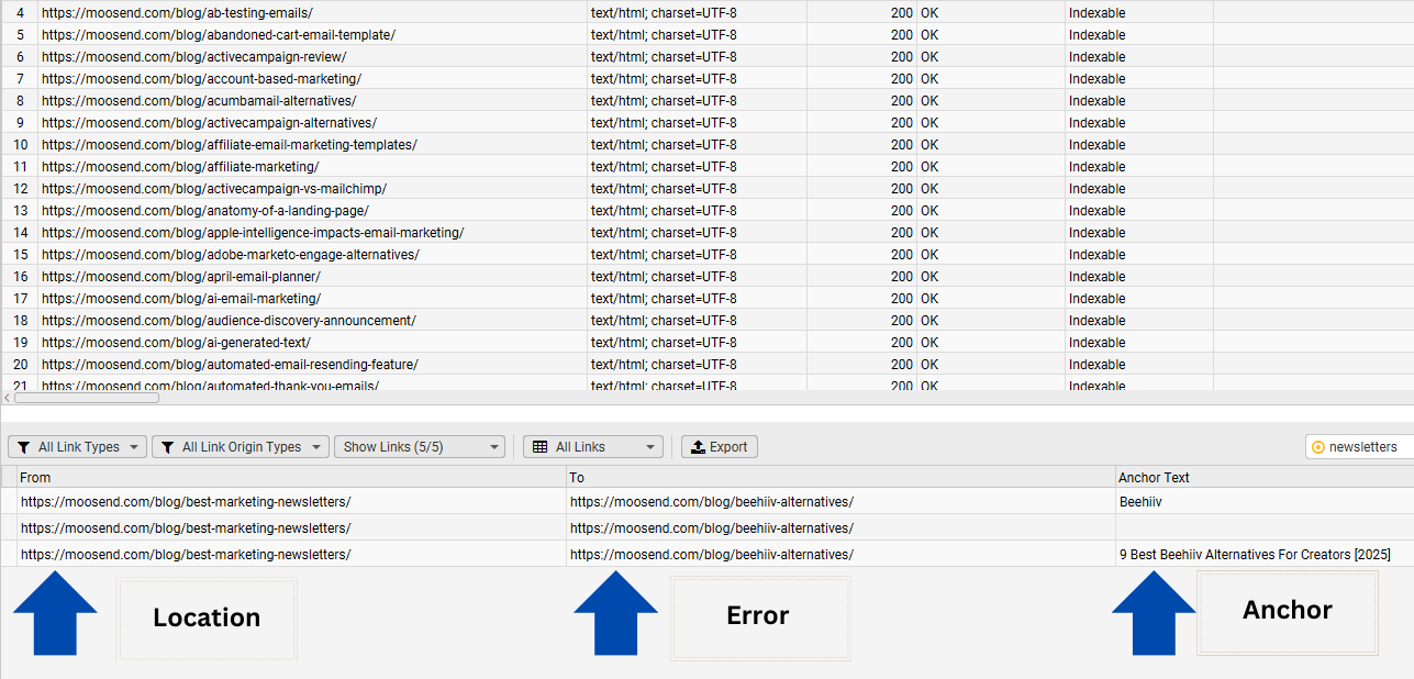 screamingfrog platform location, error and anchor