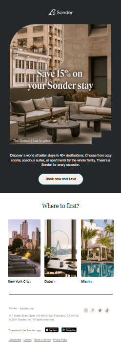 Sonder travel email campaign