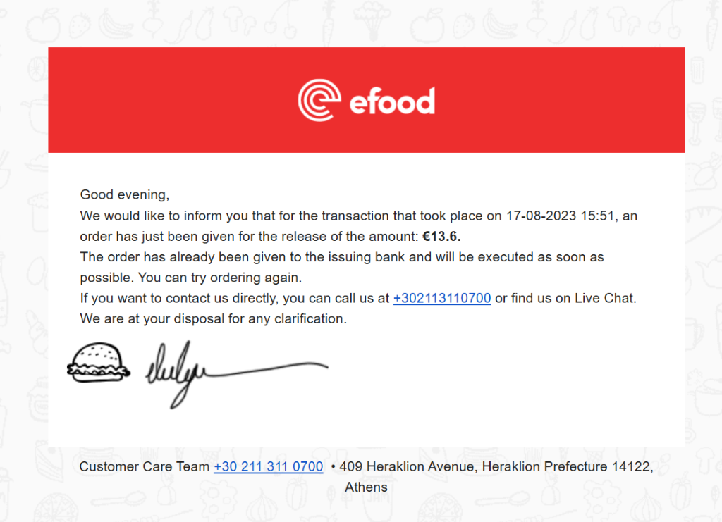 efood refund email example