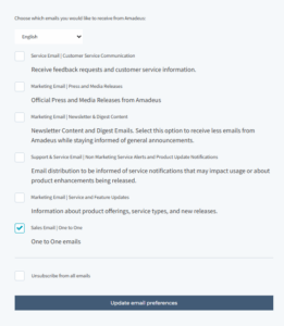 amadeus' email preference center allowing subscribers to choose campaign types