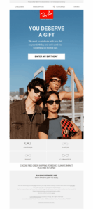 ray-ban's email asking for the subscriber's birthday