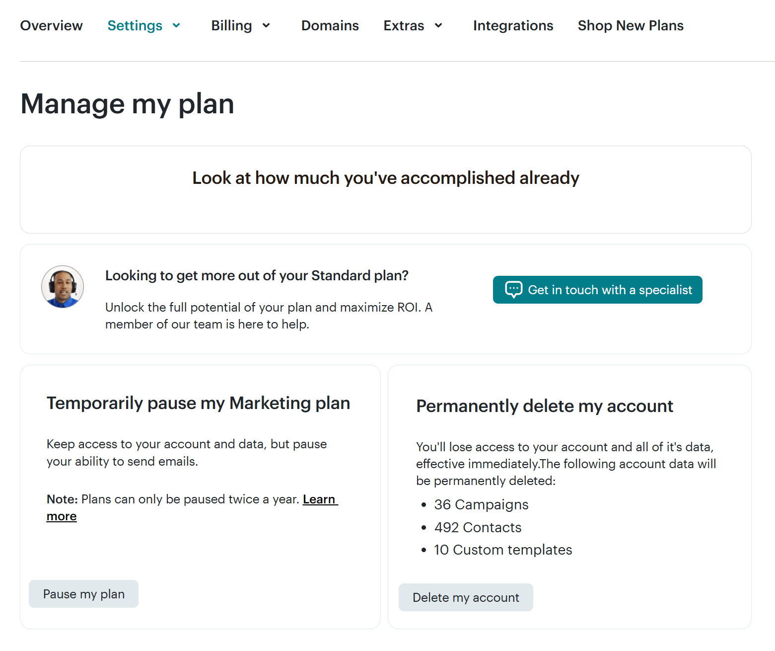 mailchimp pause or delete account