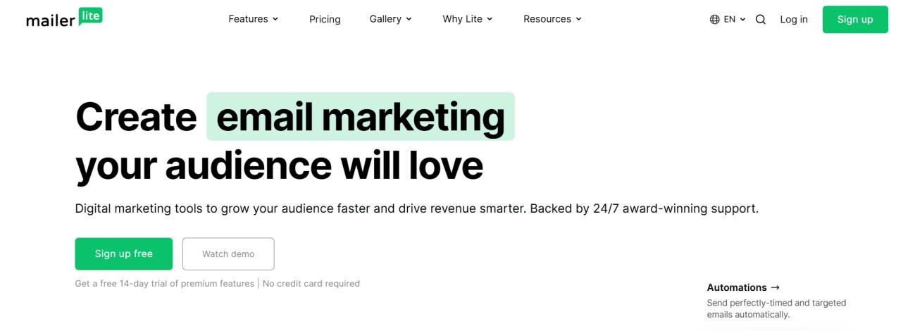 mailerlite email tool homepage
