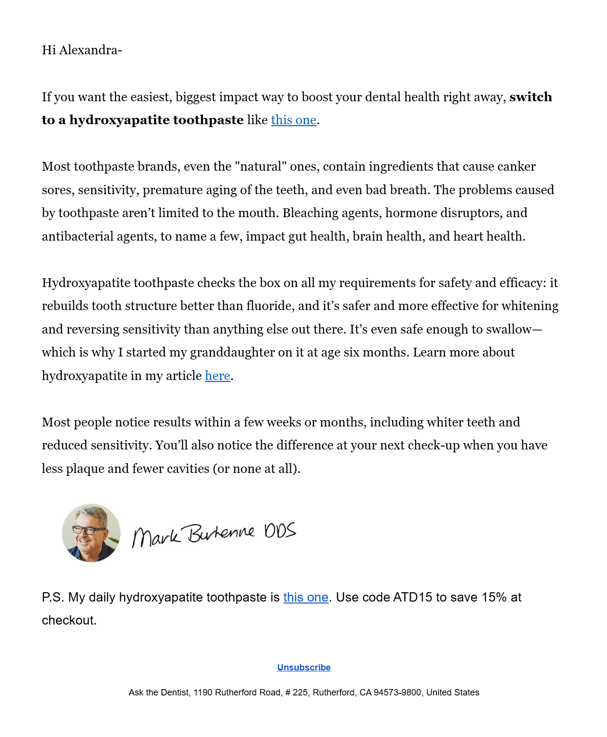 rich-text email example by ask the dentist