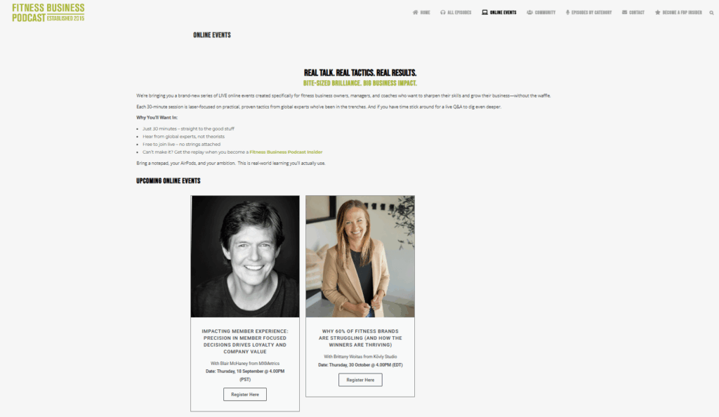 Fitness business podcast landing page