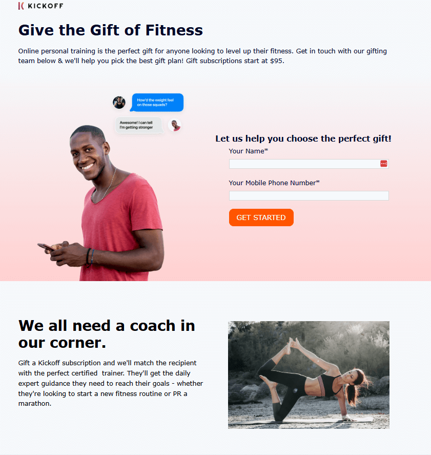 Kickoff gift landing page