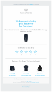 Mack Weldon's post-purchase email with star rating survey