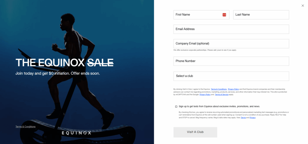Equinox gym landing page