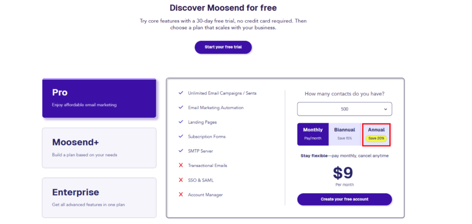 moosend pricing landing page example