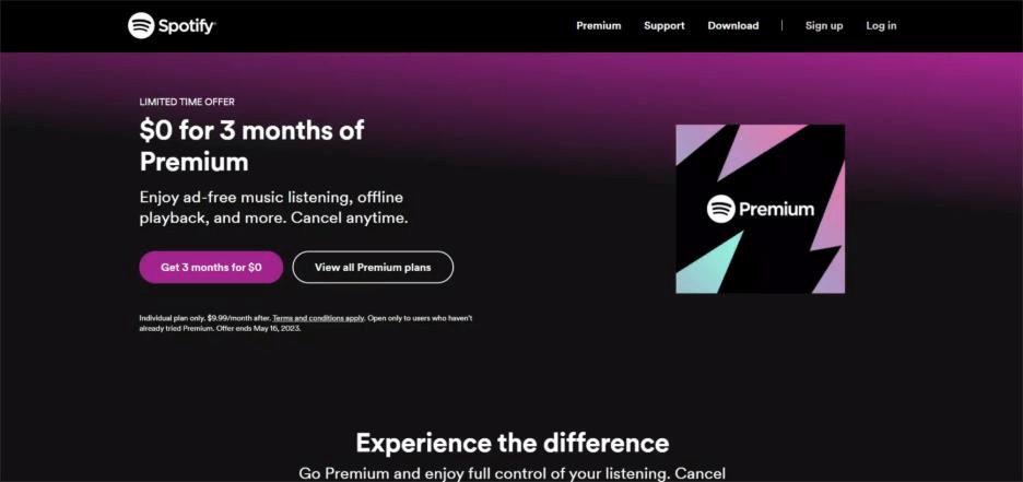 landing page mistakes: spotify sales landing page example