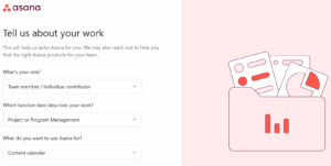 Asana's onboarding form asking for the user’s role, work function, and how they plan to use the platform