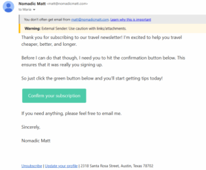 subscription confirmation email by Nomadic Matt