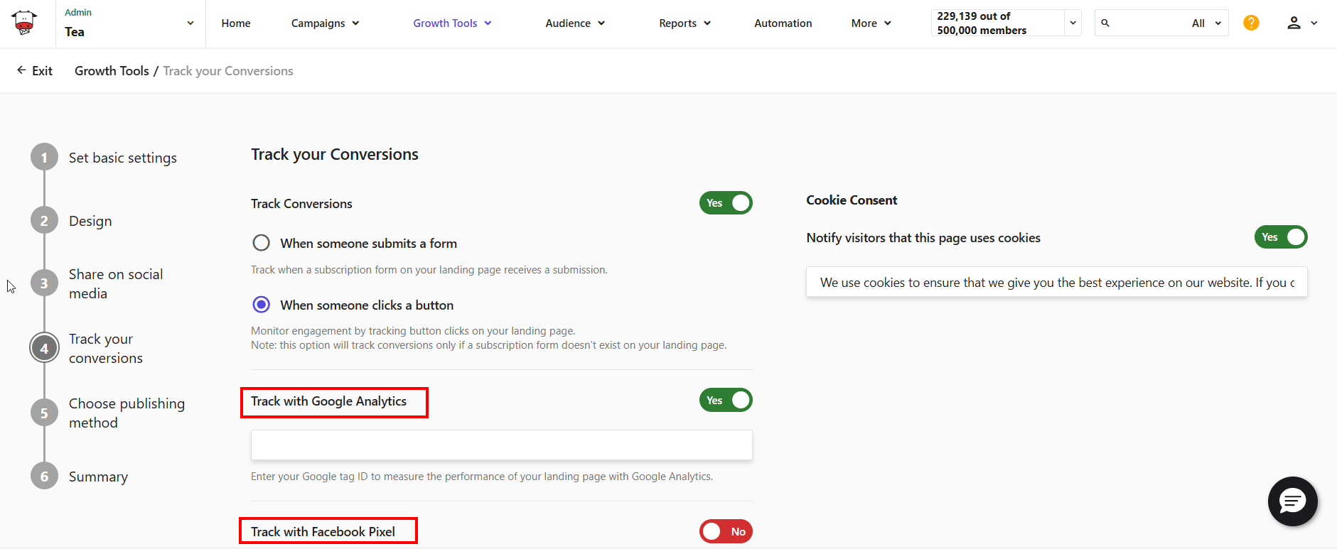 Moosend landing page tracking