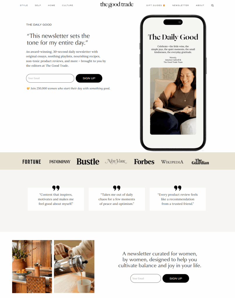 The Good Trade newsletter landing page The Good Trade newsletter landing page