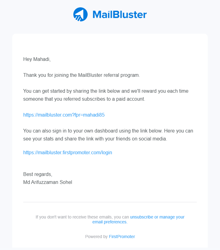 Affiliate welcome email from MailBluster