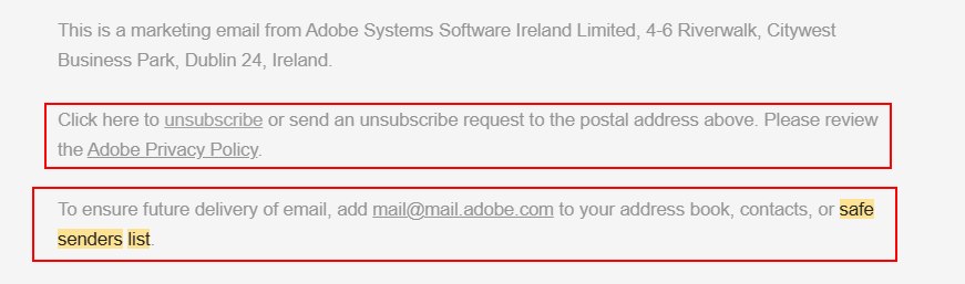 adobe safe senders and privacy policy copy